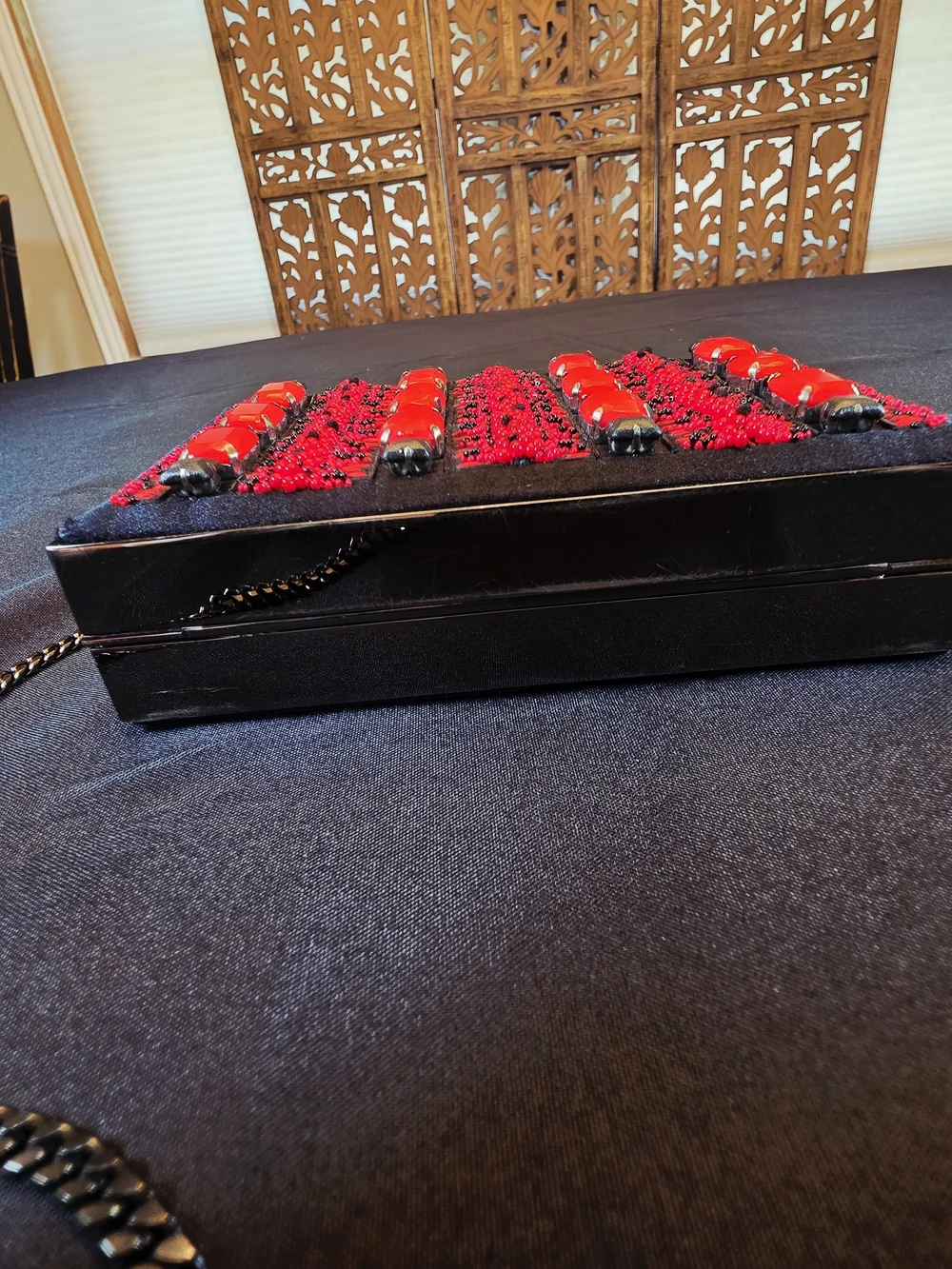 Jason Wu Minaudiere Clutch. Hand Beaded Red Detail with Black Satin.